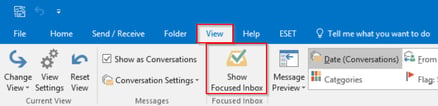 View Tab on the ribbon and Focused Inbox Button